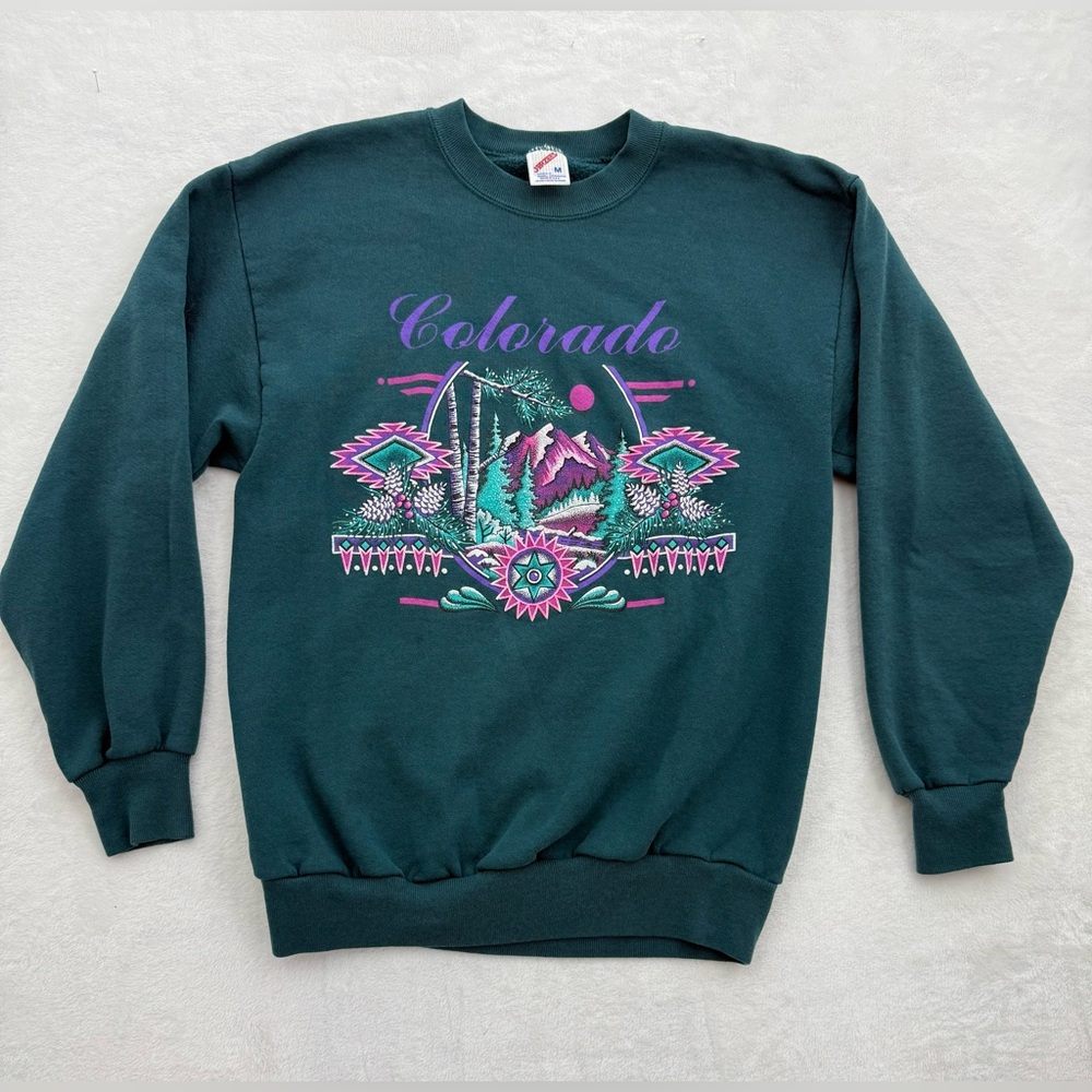 Vintage 90’s Colorado Jerzees Sweatshirt Size Medium Green Purple Mountains